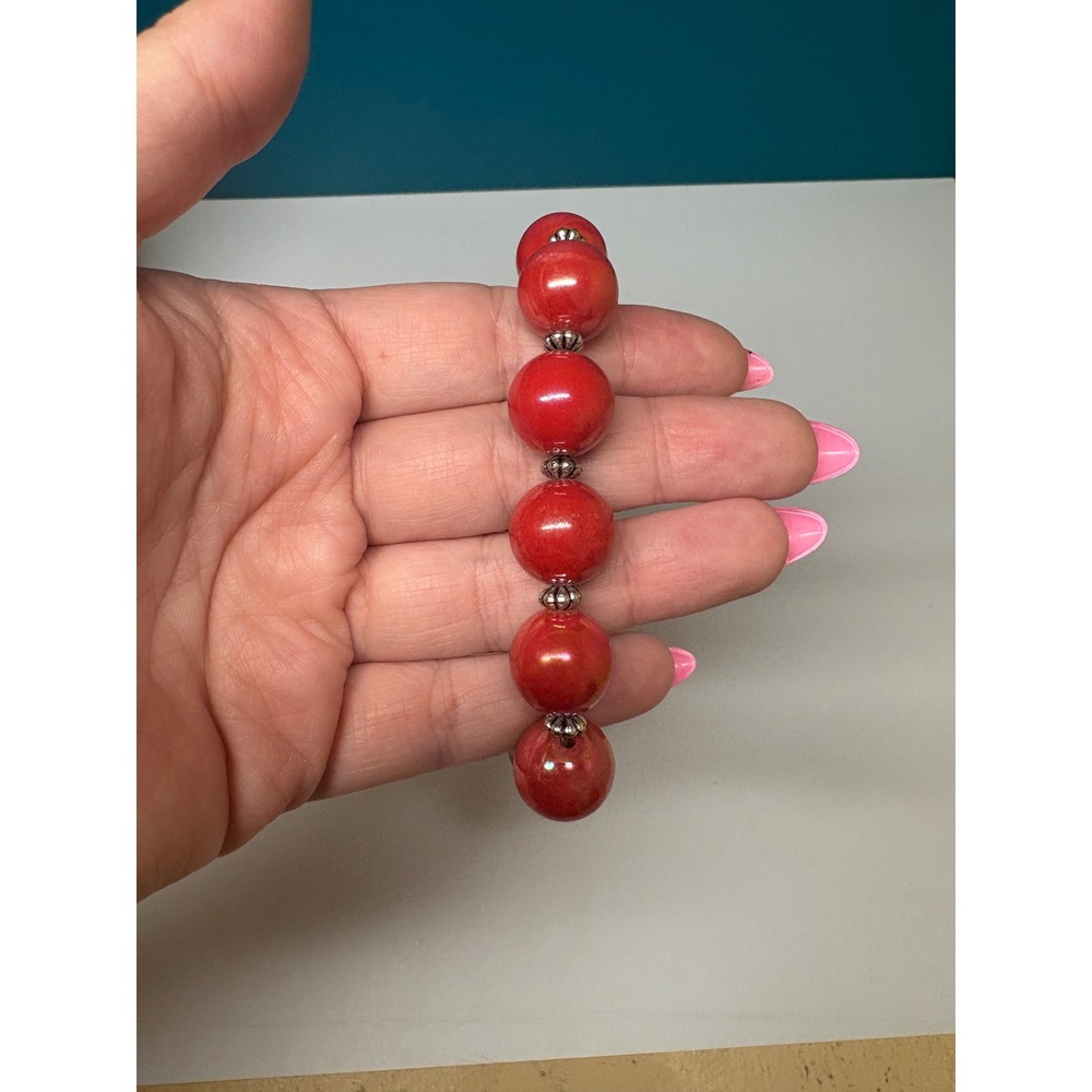 Red‎ Beaded Stretch Bracelet Large Glossy Round Beads Silver Spacers